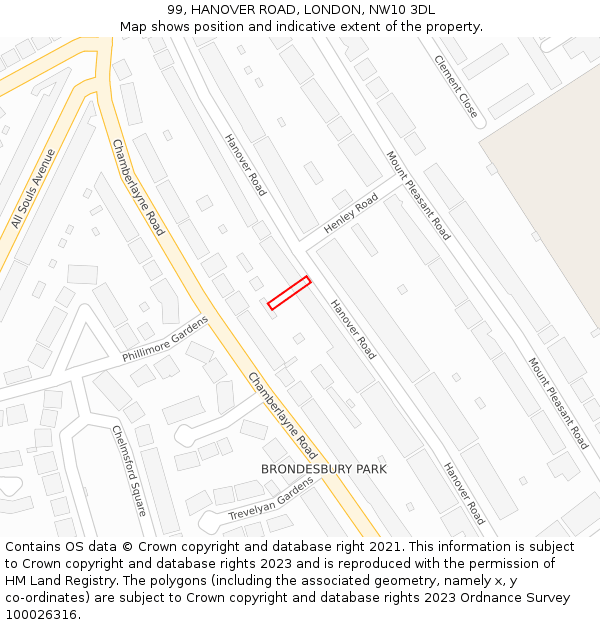 99, HANOVER ROAD, LONDON, NW10 3DL: Location map and indicative extent of plot