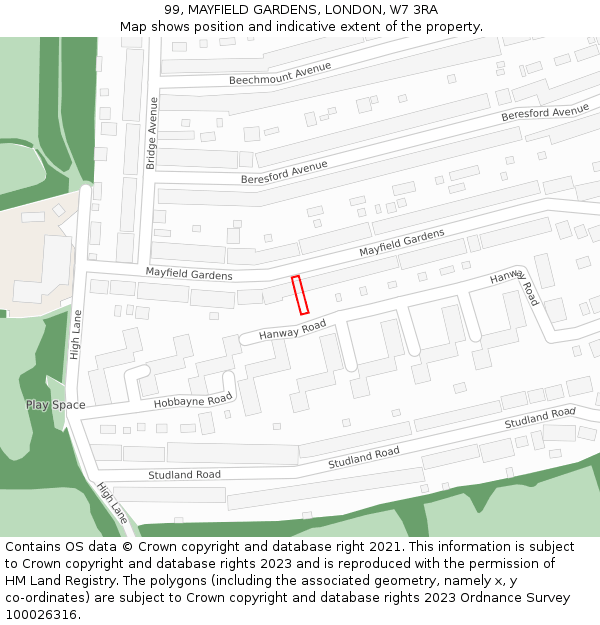 99, MAYFIELD GARDENS, LONDON, W7 3RA: Location map and indicative extent of plot