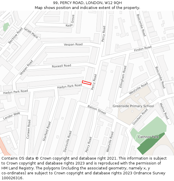 99, PERCY ROAD, LONDON, W12 9QH: Location map and indicative extent of plot