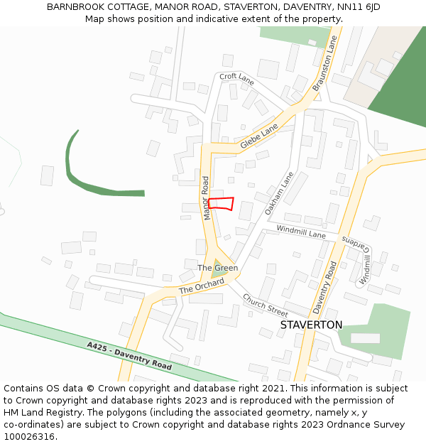 BARNBROOK COTTAGE, MANOR ROAD, STAVERTON, DAVENTRY, NN11 6JD: Location map and indicative extent of plot