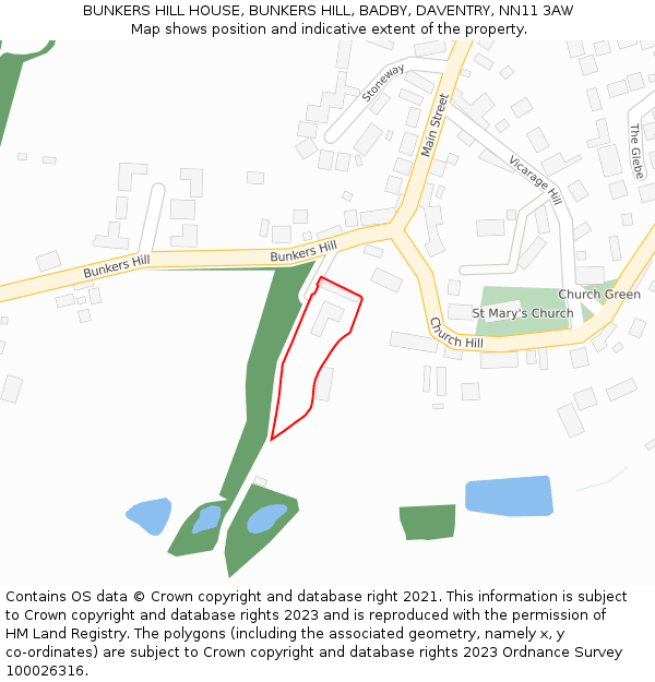 BUNKERS HILL HOUSE, BUNKERS HILL, BADBY, DAVENTRY, NN11 3AW: Location map and indicative extent of plot