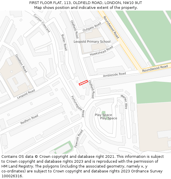 FIRST FLOOR FLAT, 113, OLDFIELD ROAD, LONDON, NW10 9UT: Location map and indicative extent of plot