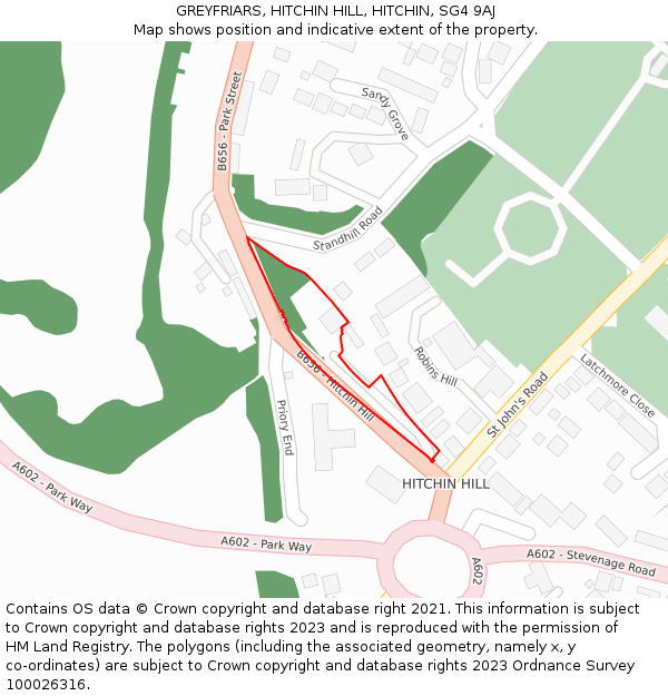 GREYFRIARS, HITCHIN HILL, HITCHIN, SG4 9AJ: Location map and indicative extent of plot