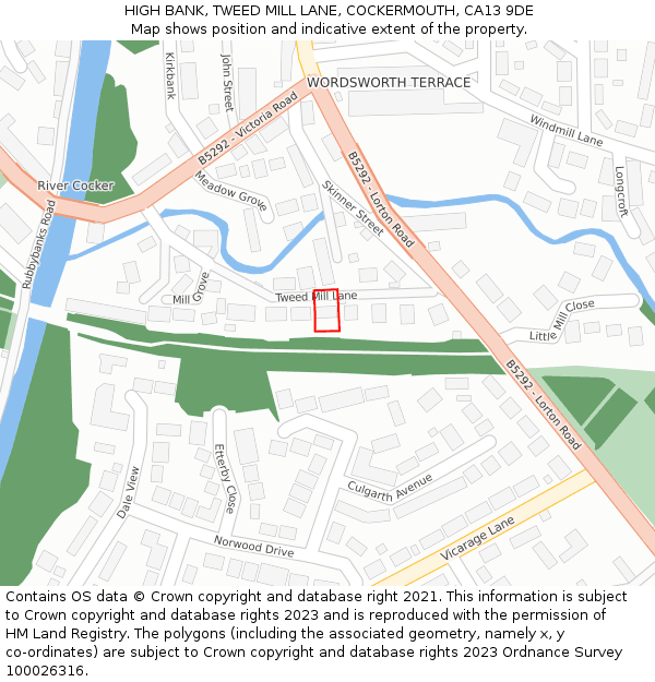 HIGH BANK, TWEED MILL LANE, COCKERMOUTH, CA13 9DE: Location map and indicative extent of plot