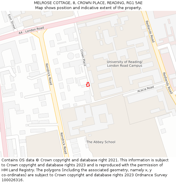 MELROSE COTTAGE, 8, CROWN PLACE, READING, RG1 5AE: Location map and indicative extent of plot