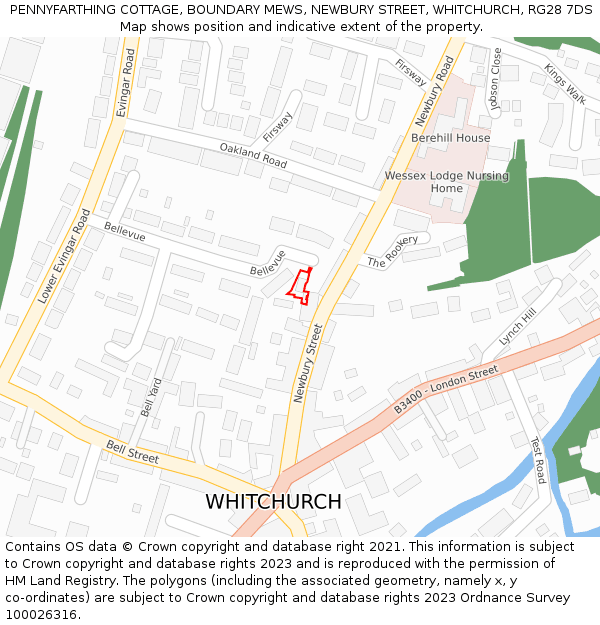 PENNYFARTHING COTTAGE, BOUNDARY MEWS, NEWBURY STREET, WHITCHURCH, RG28 7DS: Location map and indicative extent of plot