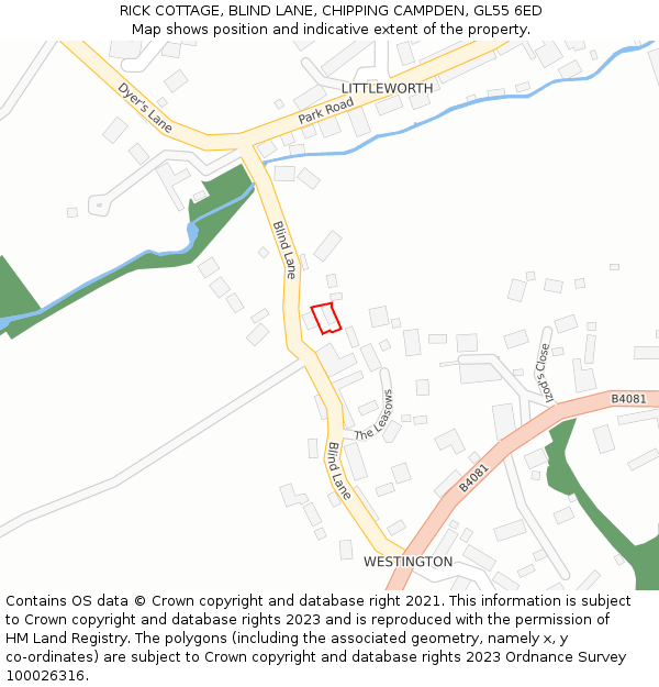 RICK COTTAGE, BLIND LANE, CHIPPING CAMPDEN, GL55 6ED: Location map and indicative extent of plot