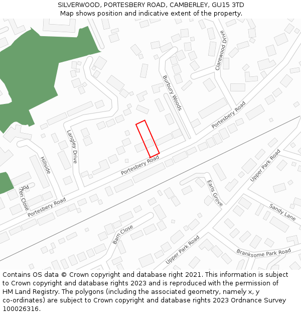 SILVERWOOD, PORTESBERY ROAD, CAMBERLEY, GU15 3TD: Location map and indicative extent of plot