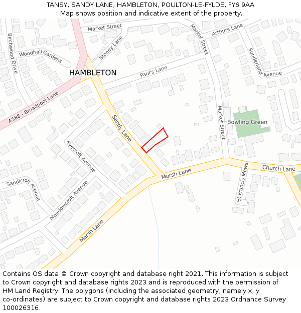 TANSY, SANDY LANE, HAMBLETON, POULTON-LE-FYLDE, FY6 9AA: Location map and indicative extent of plot