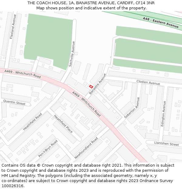 THE COACH HOUSE, 1A, BANASTRE AVENUE, CARDIFF, CF14 3NR: Location map and indicative extent of plot