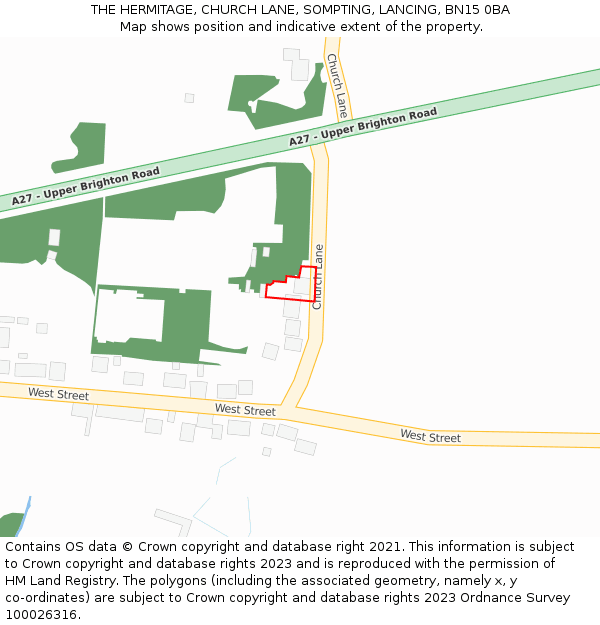 THE HERMITAGE, CHURCH LANE, SOMPTING, LANCING, BN15 0BA: Location map and indicative extent of plot