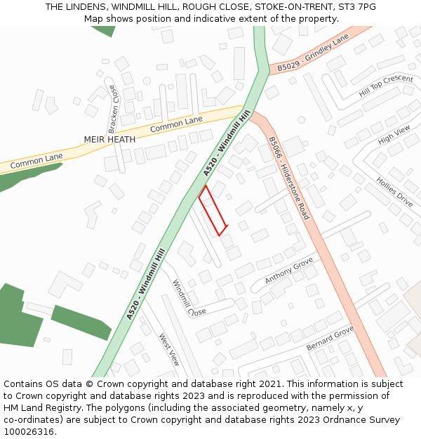 THE LINDENS, WINDMILL HILL, ROUGH CLOSE, STOKE-ON-TRENT, ST3 7PG: Location map and indicative extent of plot