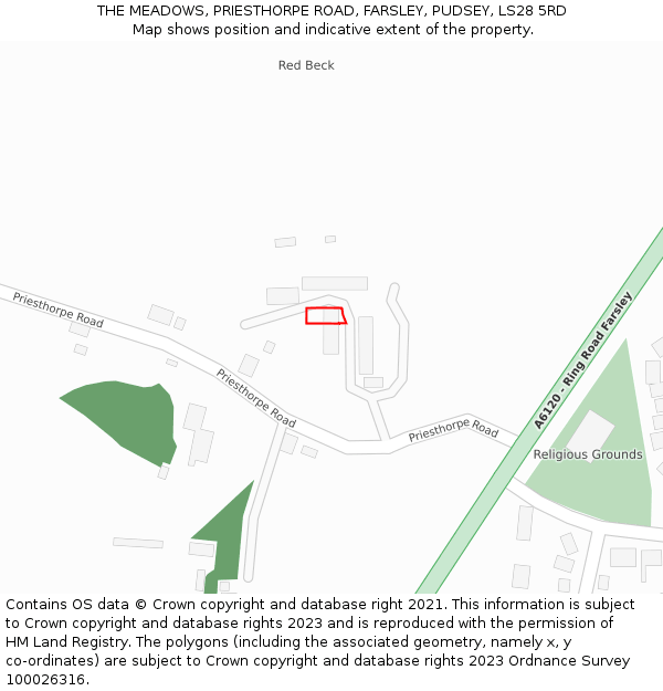 THE MEADOWS, PRIESTHORPE ROAD, FARSLEY, PUDSEY, LS28 5RD: Location map and indicative extent of plot