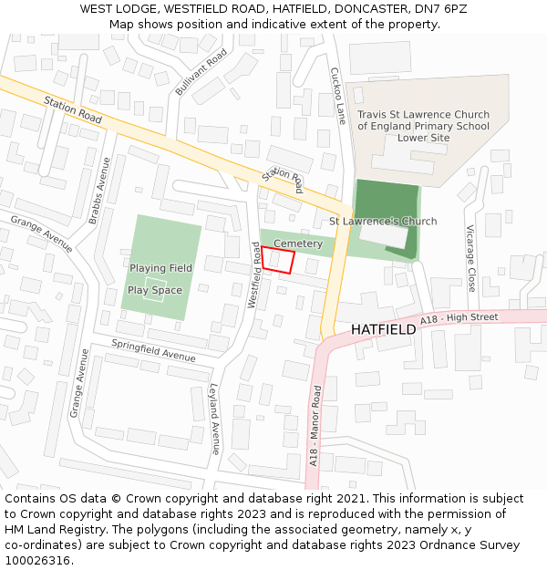 WEST LODGE, WESTFIELD ROAD, HATFIELD, DONCASTER, DN7 6PZ: Location map and indicative extent of plot