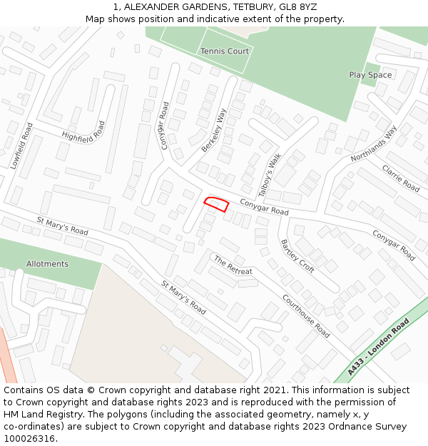 1, ALEXANDER GARDENS, TETBURY, GL8 8YZ: Location map and indicative extent of plot