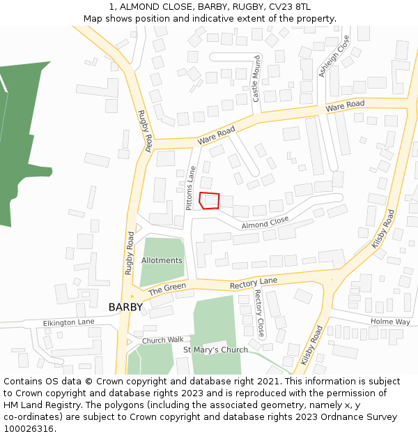 1, ALMOND CLOSE, BARBY, RUGBY, CV23 8TL: Location map and indicative extent of plot