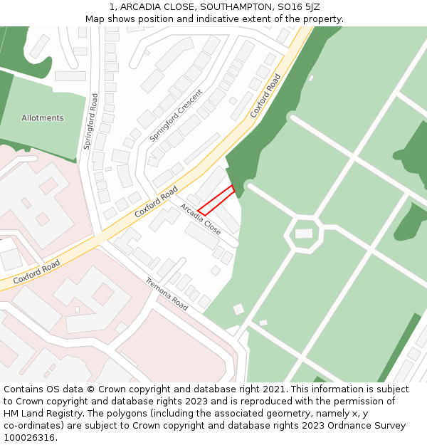 1, ARCADIA CLOSE, SOUTHAMPTON, SO16 5JZ: Location map and indicative extent of plot