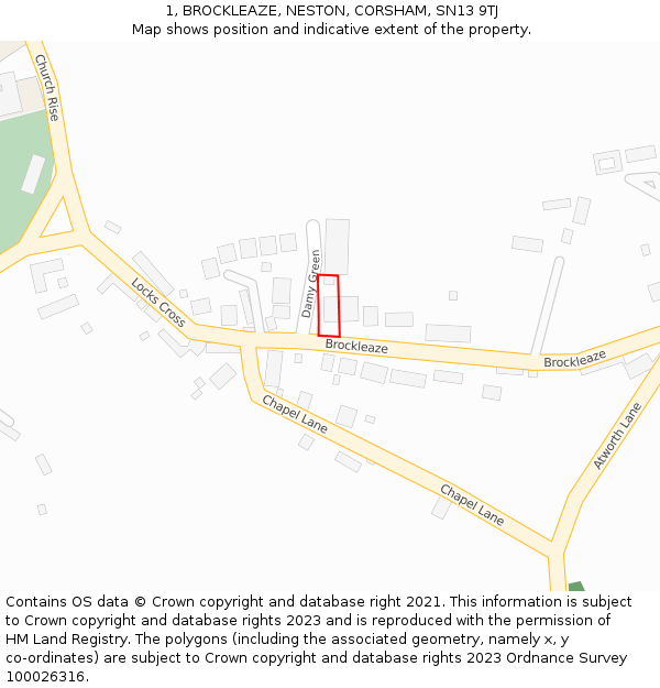 1, BROCKLEAZE, NESTON, CORSHAM, SN13 9TJ: Location map and indicative extent of plot