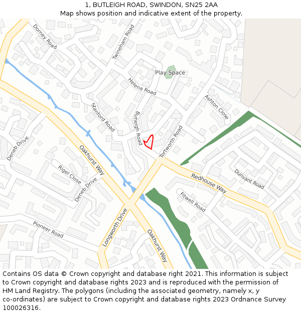 1, BUTLEIGH ROAD, SWINDON, SN25 2AA: Location map and indicative extent of plot