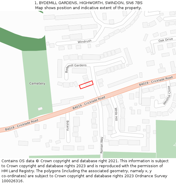 1, BYDEMILL GARDENS, HIGHWORTH, SWINDON, SN6 7BS: Location map and indicative extent of plot