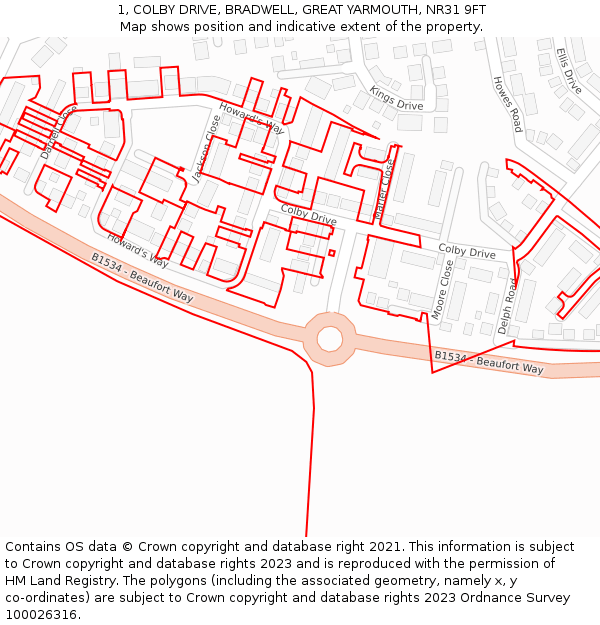 1, COLBY DRIVE, BRADWELL, GREAT YARMOUTH, NR31 9FT: Location map and indicative extent of plot