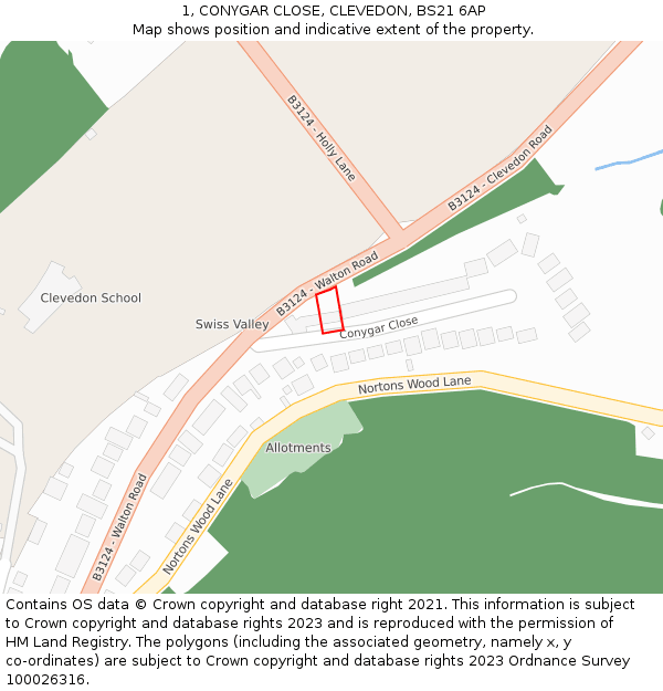 1, CONYGAR CLOSE, CLEVEDON, BS21 6AP: Location map and indicative extent of plot