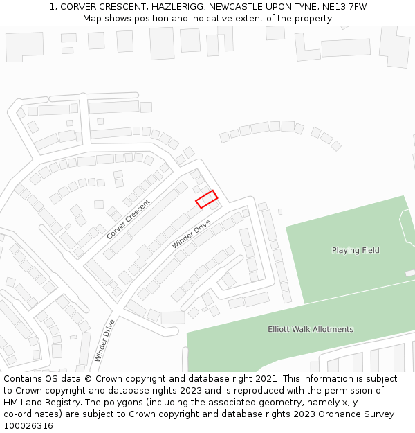 1, CORVER CRESCENT, HAZLERIGG, NEWCASTLE UPON TYNE, NE13 7FW: Location map and indicative extent of plot