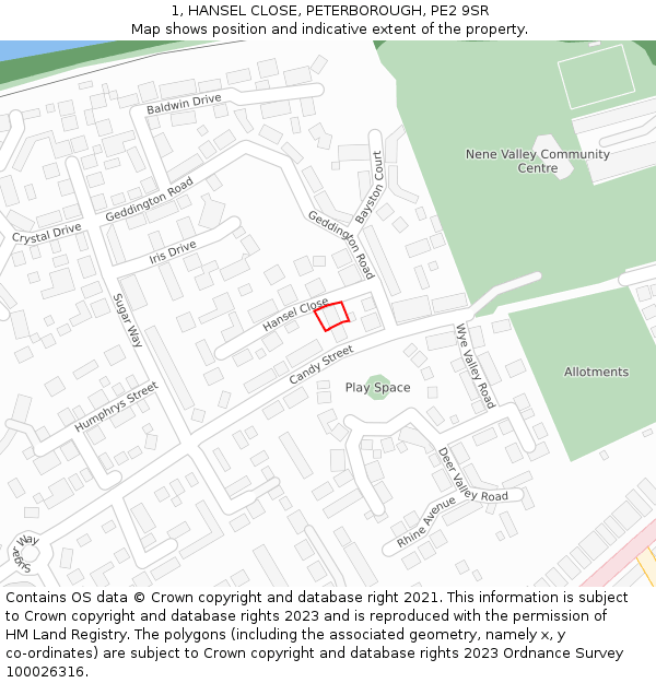 1, HANSEL CLOSE, PETERBOROUGH, PE2 9SR: Location map and indicative extent of plot