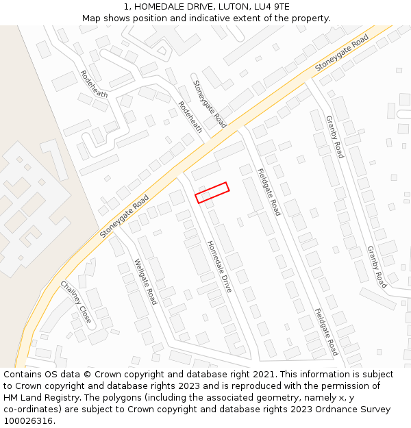 1, HOMEDALE DRIVE, LUTON, LU4 9TE: Location map and indicative extent of plot