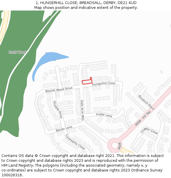 1, HUNGERHILL CLOSE, BREADSALL, DERBY, DE21 4UD: Location map and indicative extent of plot