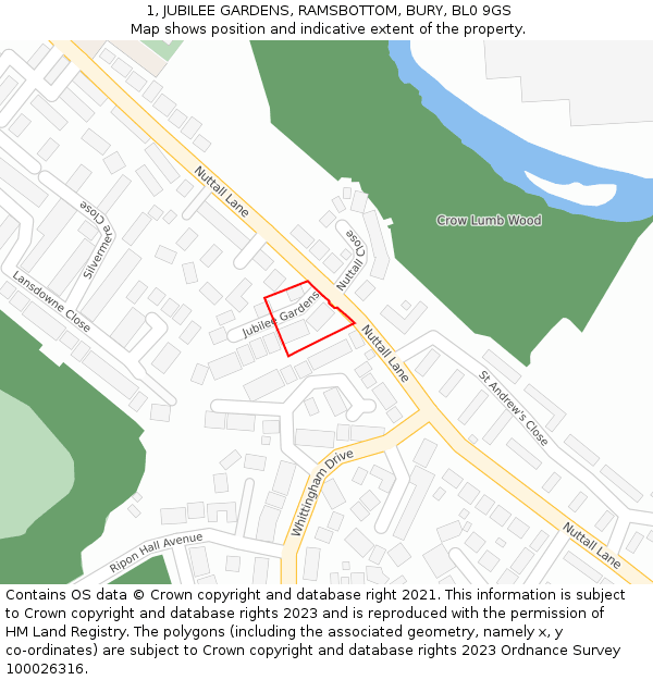 1, JUBILEE GARDENS, RAMSBOTTOM, BURY, BL0 9GS: Location map and indicative extent of plot