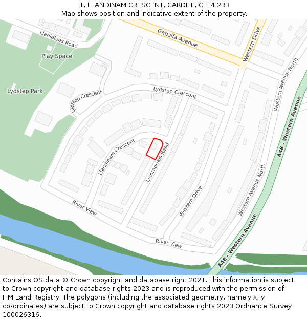 1, LLANDINAM CRESCENT, CARDIFF, CF14 2RB: Location map and indicative extent of plot