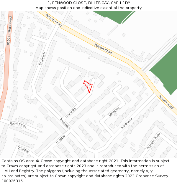 1, PENWOOD CLOSE, BILLERICAY, CM11 1DY: Location map and indicative extent of plot
