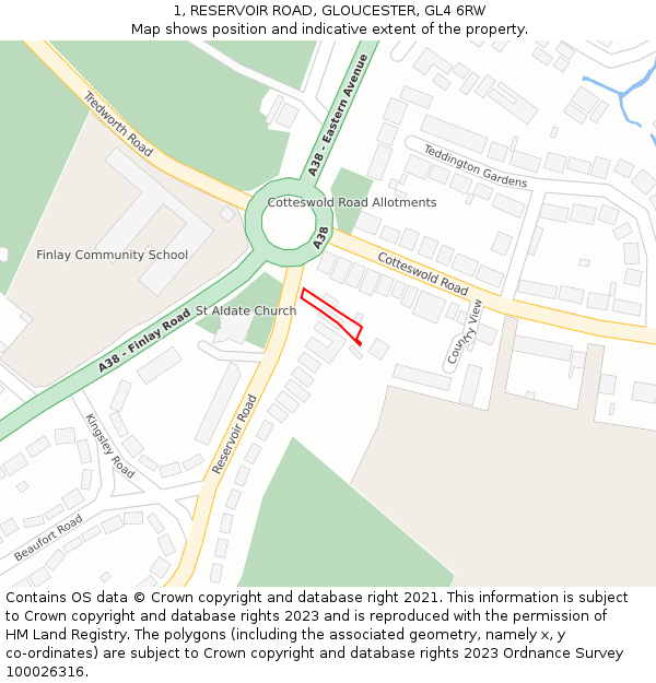 1, RESERVOIR ROAD, GLOUCESTER, GL4 6RW: Location map and indicative extent of plot
