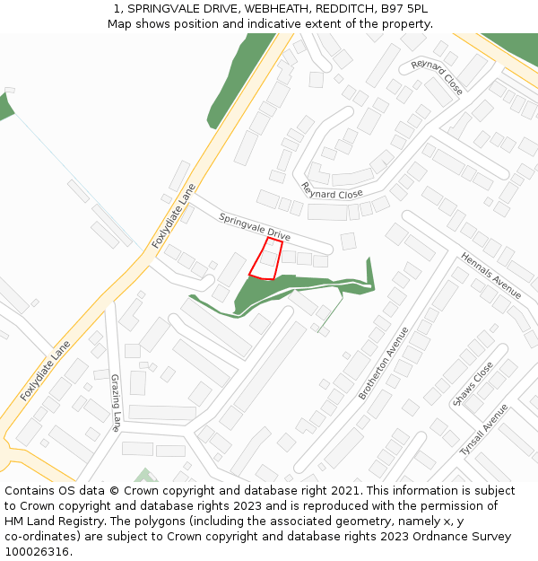 1, SPRINGVALE DRIVE, WEBHEATH, REDDITCH, B97 5PL: Location map and indicative extent of plot