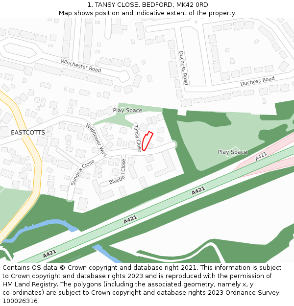 1, TANSY CLOSE, BEDFORD, MK42 0RD: Location map and indicative extent of plot