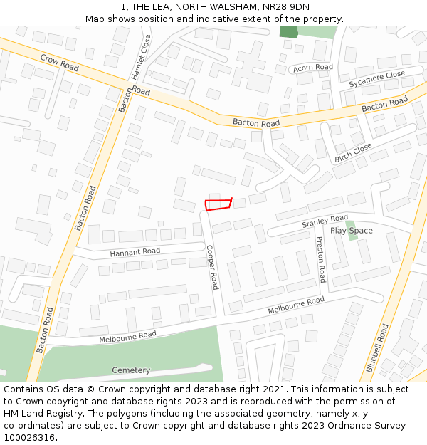 1, THE LEA, NORTH WALSHAM, NR28 9DN: Location map and indicative extent of plot