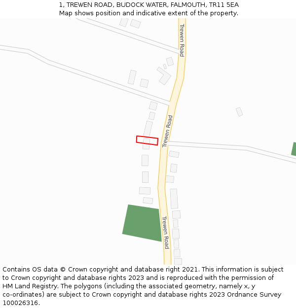 1, TREWEN ROAD, BUDOCK WATER, FALMOUTH, TR11 5EA: Location map and indicative extent of plot