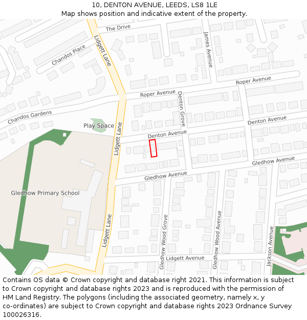 10, DENTON AVENUE, LEEDS, LS8 1LE: Location map and indicative extent of plot