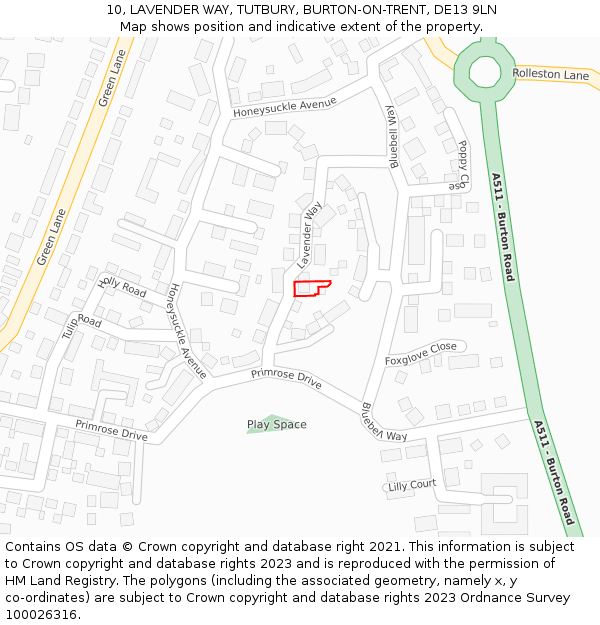 10, LAVENDER WAY, TUTBURY, BURTON-ON-TRENT, DE13 9LN: Location map and indicative extent of plot