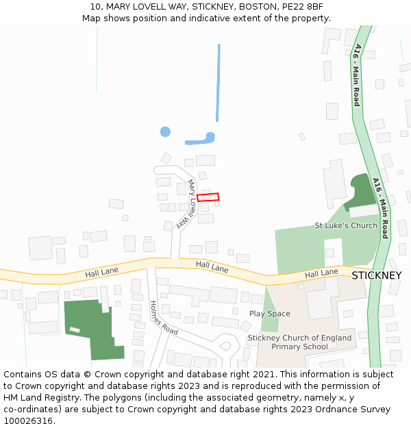 10, MARY LOVELL WAY, STICKNEY, BOSTON, PE22 8BF: Location map and indicative extent of plot