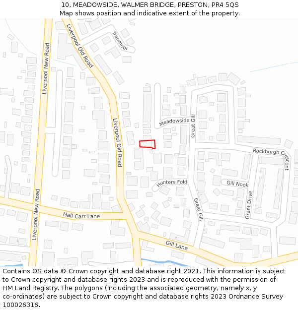 10, MEADOWSIDE, WALMER BRIDGE, PRESTON, PR4 5QS: Location map and indicative extent of plot