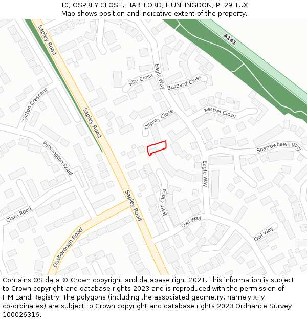 10, OSPREY CLOSE, HARTFORD, HUNTINGDON, PE29 1UX: Location map and indicative extent of plot