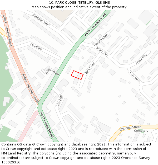 10, PARK CLOSE, TETBURY, GL8 8HS: Location map and indicative extent of plot