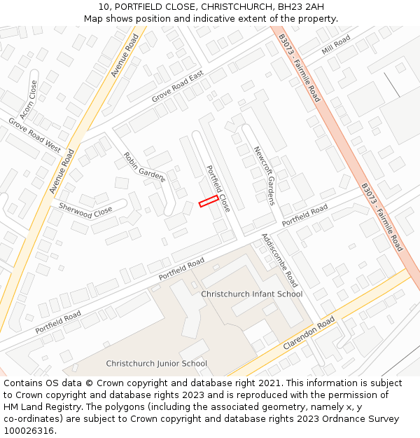 10, PORTFIELD CLOSE, CHRISTCHURCH, BH23 2AH: Location map and indicative extent of plot