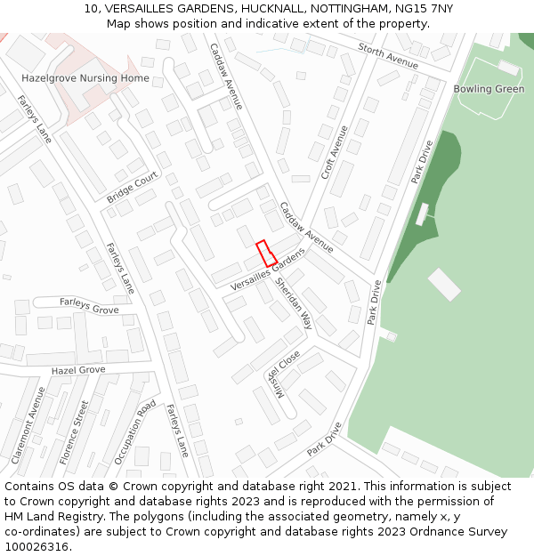 10, VERSAILLES GARDENS, HUCKNALL, NOTTINGHAM, NG15 7NY: Location map and indicative extent of plot