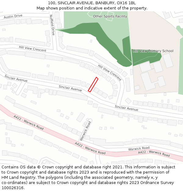 100, SINCLAIR AVENUE, BANBURY, OX16 1BL: Location map and indicative extent of plot