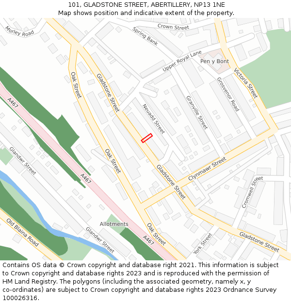 101, GLADSTONE STREET, ABERTILLERY, NP13 1NE: Location map and indicative extent of plot