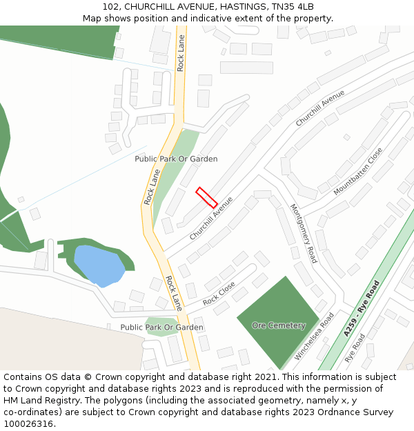 102, CHURCHILL AVENUE, HASTINGS, TN35 4LB: Location map and indicative extent of plot