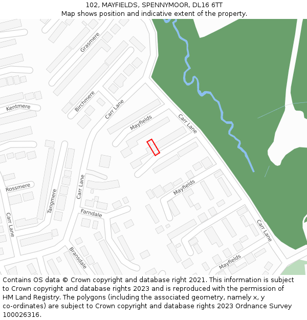 102, MAYFIELDS, SPENNYMOOR, DL16 6TT: Location map and indicative extent of plot